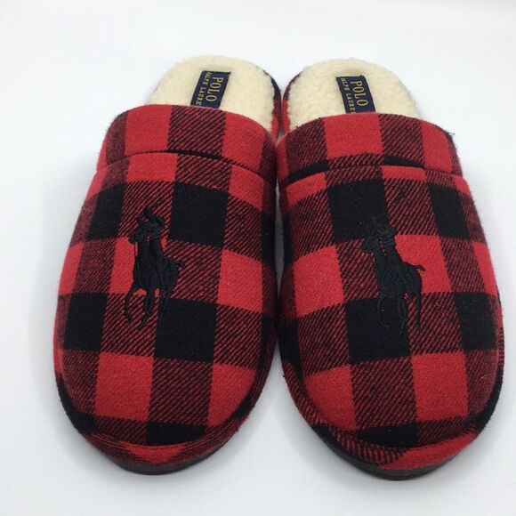 Polo Ralph Lauren Big Pony Red and Black Buffalo Plaid faux Sherpa Slippers L - Picture 1 of 16